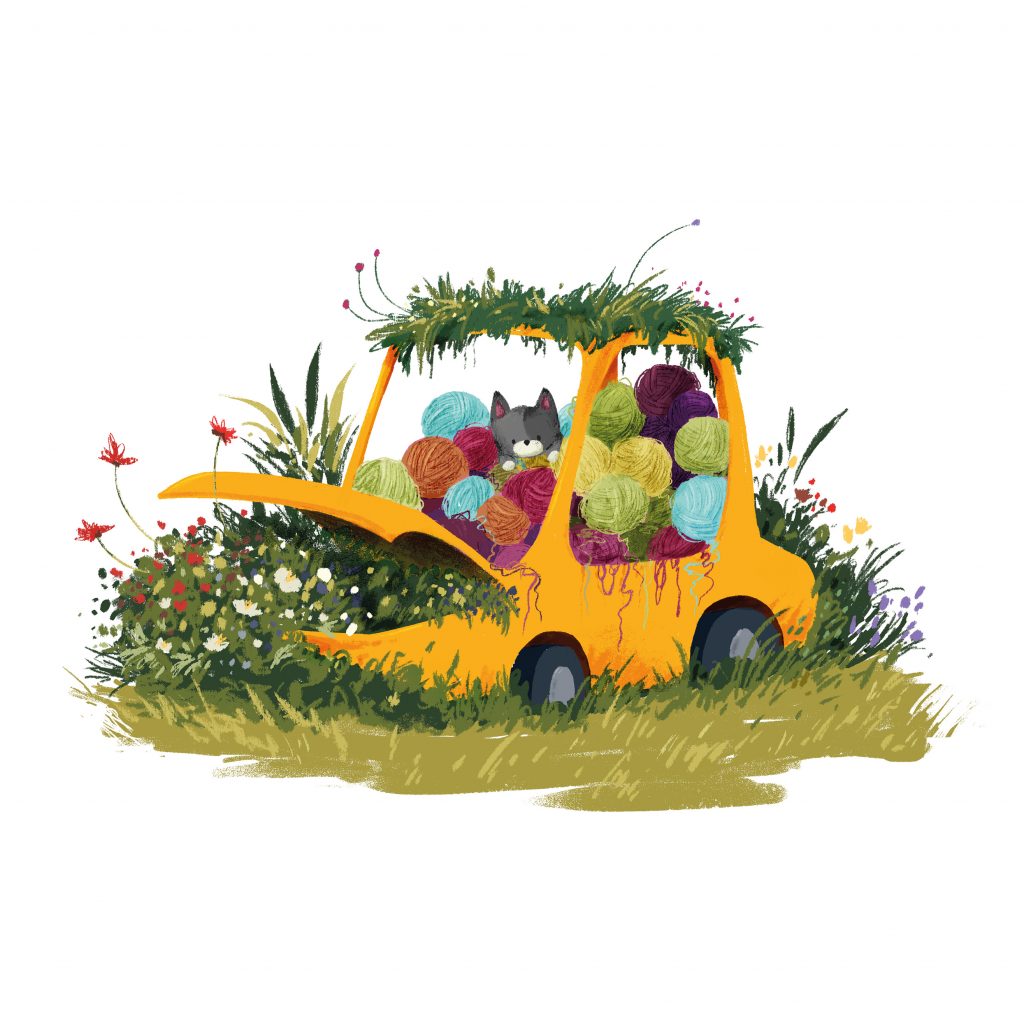 Spark in a car filled with yarn
